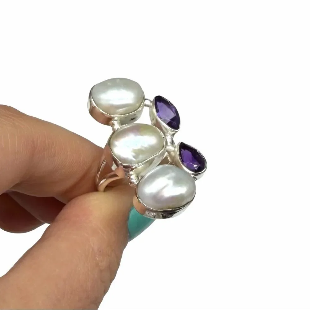Genuine Pearl Amethyst Ring Size 8 Solid 925 Sterling Silver